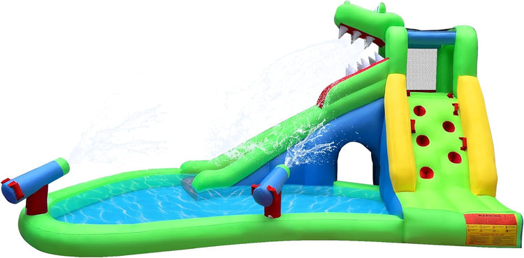BESTPARTY Inflatable Water Slide,6 in 1 Crocodile Bounce House with Splash Pool and Dual Water Cannons,Water Slides for Kids Backyard with Climbing Wall and Tunnel,Water Park with Sprinkler and Blower