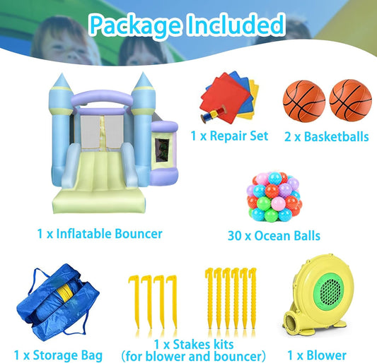 BestParty Bounce House,Inflatable Bounce House,Bouncy House with Blower,Bouncy Castle with Slide,Kids Bounce House with Jump Area,Ball Pit&Basketball Rim, Includes Balls,Storage Bag,Patch Kits,Stakes