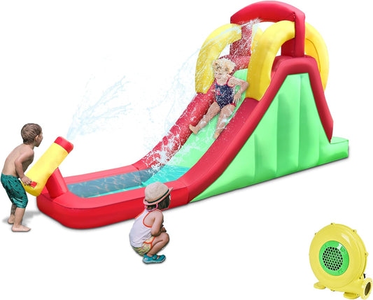 BestParty Inflatable Water Slide, Water Slides for Kids Backyard with Climbing Wall,Water Park with Splash Pool and Sprinkler, Kids Pool Waterslide with Water Cannon,Blower Included
