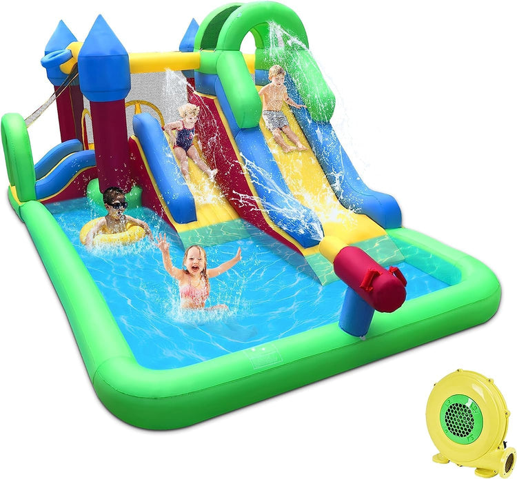 Inflatable Dual Water Slide,9 in 1 Bouncy Castle with Splash Pool and Water Gun,Double Slides with Climbing Wall and Tunnel,Water Park with Basketball Rim,Sprinkler,Blower