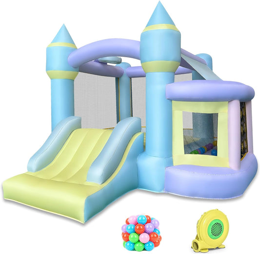 BestParty Bounce House,Inflatable Bounce House,Bouncy House with Blower,Bouncy Castle with Slide,Kids Bounce House with Jump Area,Ball Pit&Basketball Rim, Includes Balls,Storage Bag,Patch Kits,Stakes