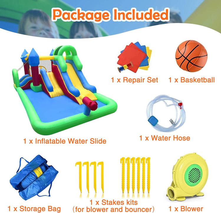 Inflatable Dual Water Slide,9 in 1 Bouncy Castle with Splash Pool and Water Gun,Double Slides with Climbing Wall and Tunnel,Water Park with Basketball Rim,Sprinkler,Blower