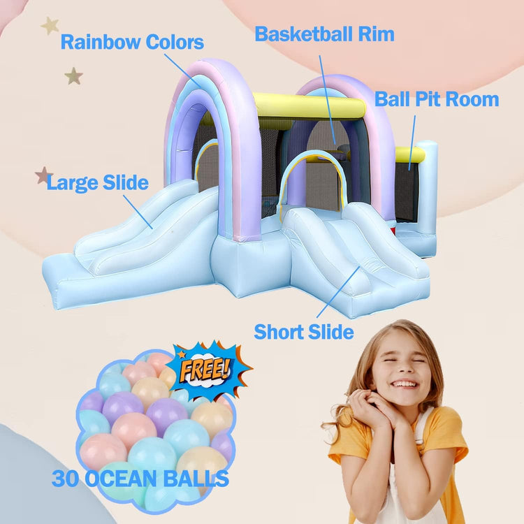 BestParty Marshmallow Rainbow Bounce House, Pastel Bouncer with Ball Play Room & Slide, 11.5ft L x 7.2ft W x 5.9ft H, UL Blower Included, Basketball Hoop, 30 Pastel Plastic Balls