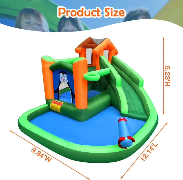 Inflatable Water Slide,Bounce House with Penguins Print,Water Slides for Kids Backyard with Climbing Wall and Basketball Rim,Water Park with Splash Pool and Water cannon,Blower Included