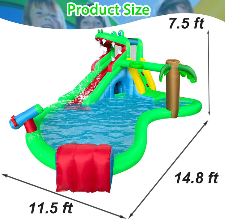 BestParty Inflatable Water Slide,9 in 1 Crocodile Water Park Bounce House,Backyard Waterslide with Splash Pool,Climbing Wall,Basketball Rim,Water Cannon,Tunnel,Obstacle Slope,Sprinkler and Blower