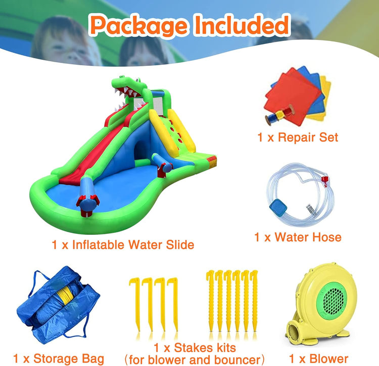 BESTPARTY Inflatable Water Slide,6 in 1 Crocodile Bounce House with Splash Pool and Dual Water Cannons,Water Slides for Kids Backyard with Climbing Wall and Tunnel,Water Park with Sprinkler and Blower