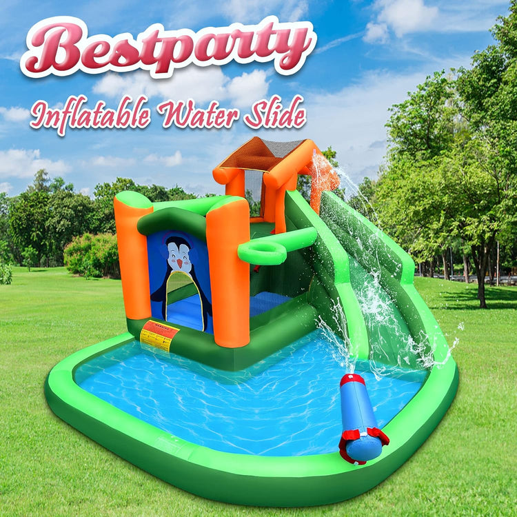 Inflatable Water Slide,Bounce House with Penguins Print,Water Slides for Kids Backyard with Climbing Wall and Basketball Rim,Water Park with Splash Pool and Water cannon,Blower Included