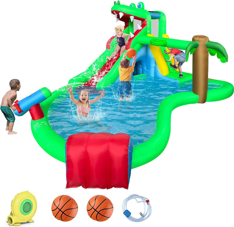 BestParty Inflatable Water Slide,9 in 1 Crocodile Water Park Bounce House,Backyard Waterslide with Splash Pool,Climbing Wall,Basketball Rim,Water Cannon,Tunnel,Obstacle Slope,Sprinkler and Blower