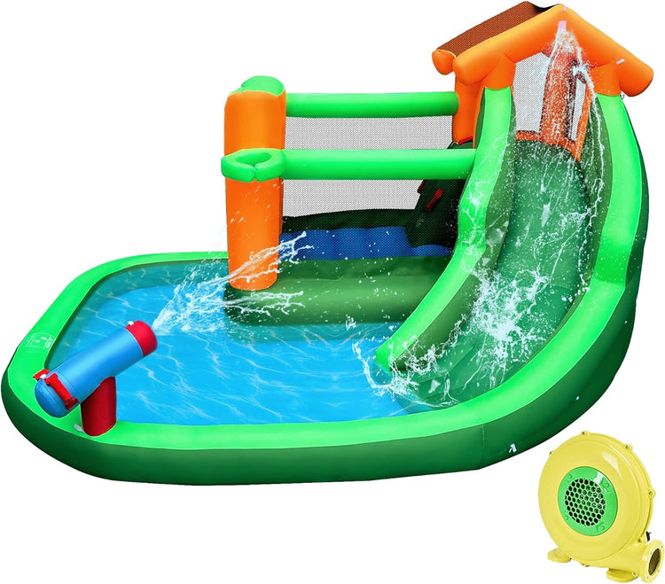 Inflatable Water Slide,Bounce House with Penguins Print,Water Slides for Kids Backyard with Climbing Wall and Basketball Rim,Water Park with Splash Pool and Water cannon,Blower Included