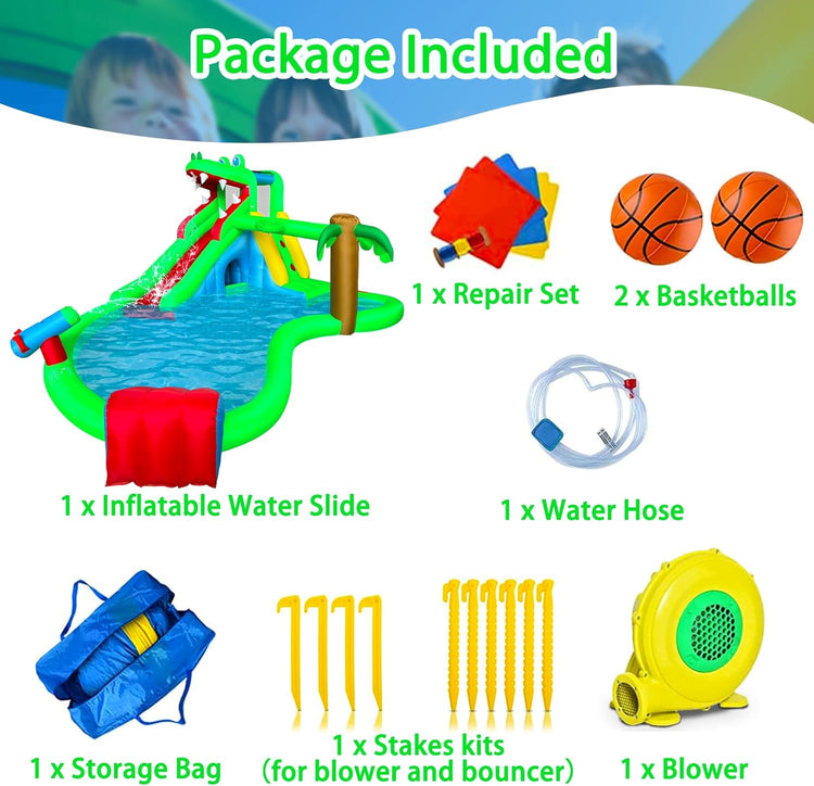 BestParty Inflatable Water Slide,9 in 1 Crocodile Water Park Bounce House,Backyard Waterslide with Splash Pool,Climbing Wall,Basketball Rim,Water Cannon,Tunnel,Obstacle Slope,Sprinkler and Blower