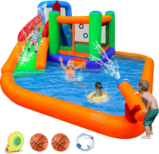 BestParty Inflatable Water Slide Spin Combo Jumper Bounce House,Pool Water Slide for Kids,Water Park with Large Slide,Bounce Area,Climbing Wall,Splash Pool,Water Cannon,Basketball Rim,Blower for Backyard Party