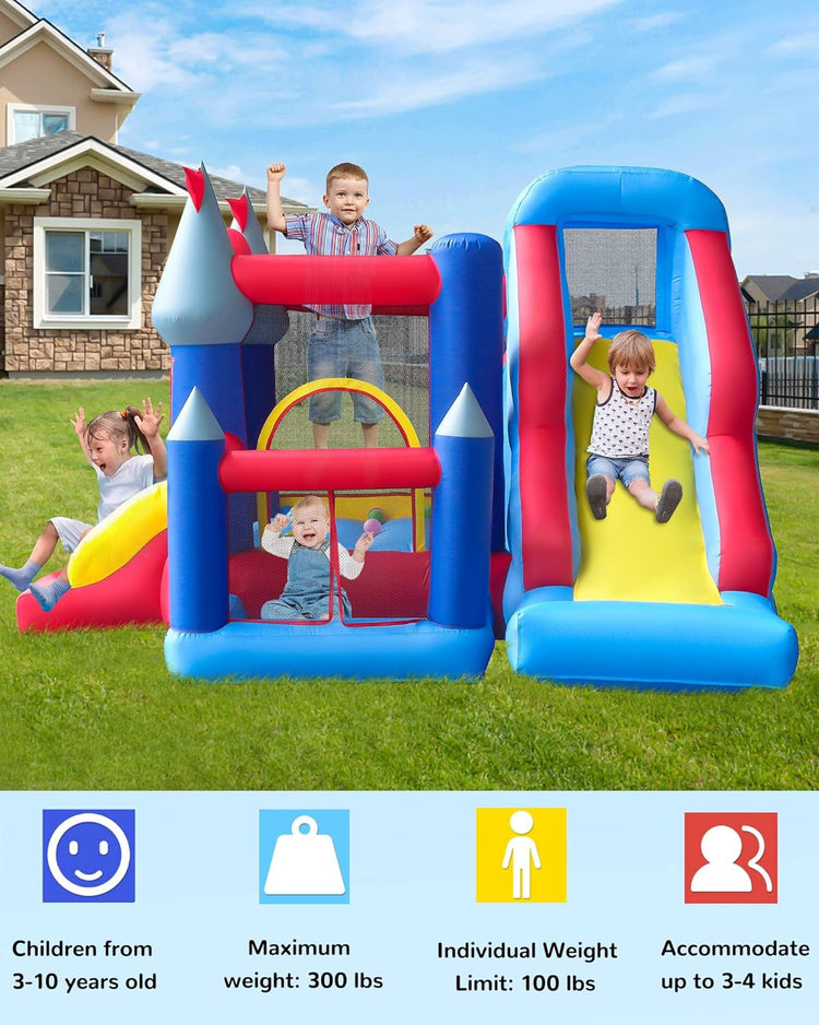 BrstParty Inflatable Bounce House, 6-in-1 Jump & Slide Bouncy House for Kids Outdoor, Kids Bounce House with Blower, Stakes & Repair Kit, Bouncy Castle for Kids Birthday Party