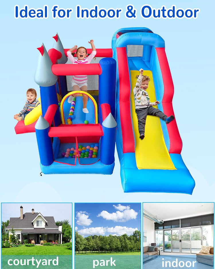 BrstParty Inflatable Bounce House, 6-in-1 Jump & Slide Bouncy House for Kids Outdoor, Kids Bounce House with Blower, Stakes & Repair Kit, Bouncy Castle for Kids Birthday Party