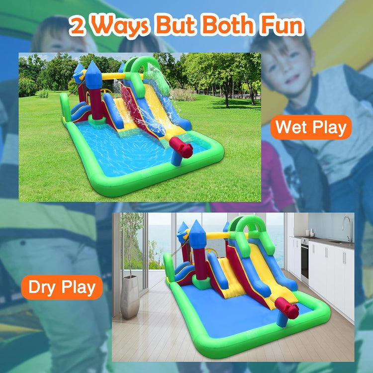 Inflatable Dual Water Slide,9 in 1 Bouncy Castle with Splash Pool and Water Gun,Double Slides with Climbing Wall and Tunnel,Water Park with Basketball Rim,Sprinkler,Blower