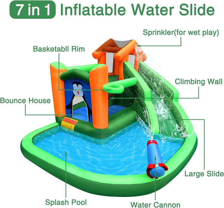 Inflatable Water Slide,Bounce House with Penguins Print,Water Slides for Kids Backyard with Climbing Wall and Basketball Rim,Water Park with Splash Pool and Water cannon,Blower Included