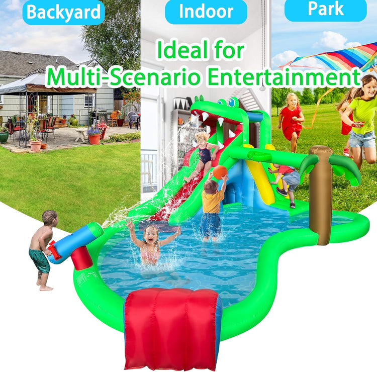 BestParty Inflatable Water Slide,9 in 1 Crocodile Water Park Bounce House,Backyard Waterslide with Splash Pool,Climbing Wall,Basketball Rim,Water Cannon,Tunnel,Obstacle Slope,Sprinkler and Blower