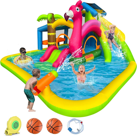 BestParty Inflatable Water Slide,Flamingo Water Park Bouncy Castle,9 in 1 Waterslides with Climbing Wall,Splash Pool,Toy Market Stand, Bounce Area,Water Cannon,Basketball Rim,Sprinkler and Blower