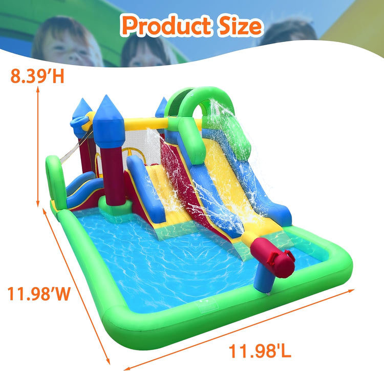 Inflatable Dual Water Slide,9 in 1 Bouncy Castle with Splash Pool and Water Gun,Double Slides with Climbing Wall and Tunnel,Water Park with Basketball Rim,Sprinkler,Blower