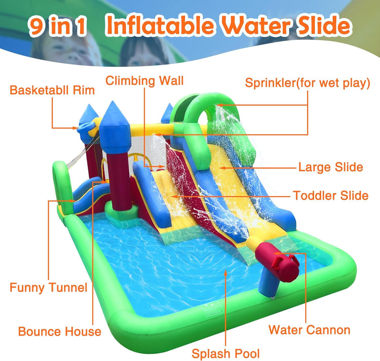 Inflatable Dual Water Slide,9 in 1 Bouncy Castle with Splash Pool and Water Gun,Double Slides with Climbing Wall and Tunnel,Water Park with Basketball Rim,Sprinkler,Blower