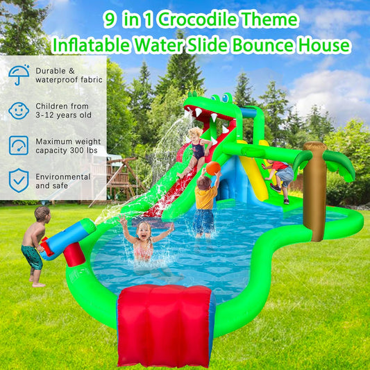 BestParty Inflatable Water Slide,9 in 1 Crocodile Water Park Bounce House,Backyard Waterslide with Splash Pool,Climbing Wall,Basketball Rim,Water Cannon,Tunnel,Obstacle Slope,Sprinkler and Blower