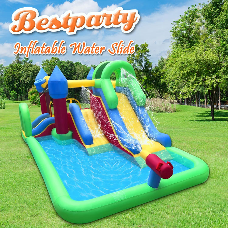 Inflatable Dual Water Slide,9 in 1 Bouncy Castle with Splash Pool and Water Gun,Double Slides with Climbing Wall and Tunnel,Water Park with Basketball Rim,Sprinkler,Blower