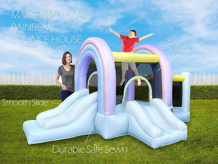 BestParty Marshmallow Rainbow Bounce House, Pastel Bouncer with Ball Play Room & Slide, 11.5ft L x 7.2ft W x 5.9ft H, UL Blower Included, Basketball Hoop, 30 Pastel Plastic Balls