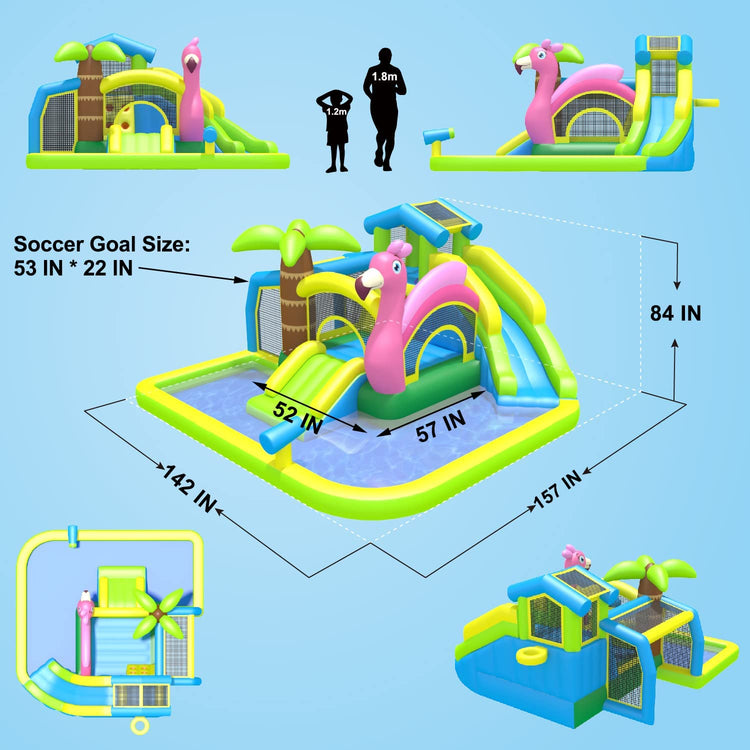 BESTPARTY Inflatable Water Slide 8 in 1 Flamingo Bounce House Wet & Dry Combo with Blower, Heavy-Duty Nylon Bouncy House for 4 Kids 3-12 Years Old, Water Park with Water Gun, Splash Pool, Bounce Area