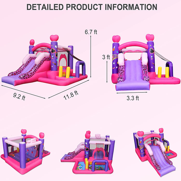 BESTPARTY Princess Inflatable Bounce House, 6-in-1 Jump & Slide Bouncer W / Large Ball Pit, Inflatable Bouncer for Girls Party
