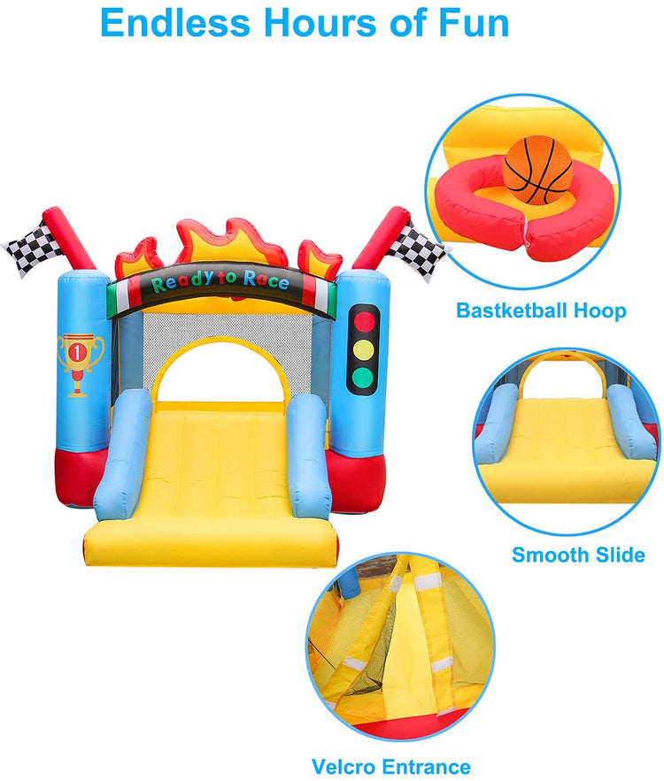 BestParty Inflatable Bounce House for Kids Racing Theme Bouncy Castle with Basketball Hoop