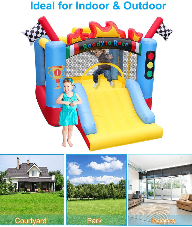 BestParty Inflatable Bounce House for Kids Racing Theme Bouncy Castle with Basketball Hoop