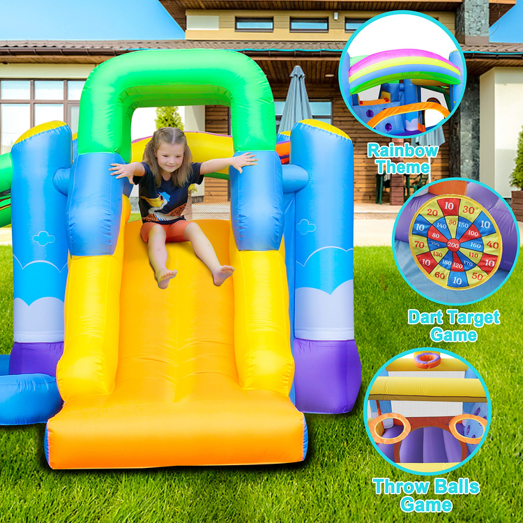 BESTPARTY 7 in 1 Inflatable Rainbow Clouds Bounce House Jumping Bouncer, Toddler & Large Slide for Kids Play Jumper with Blower