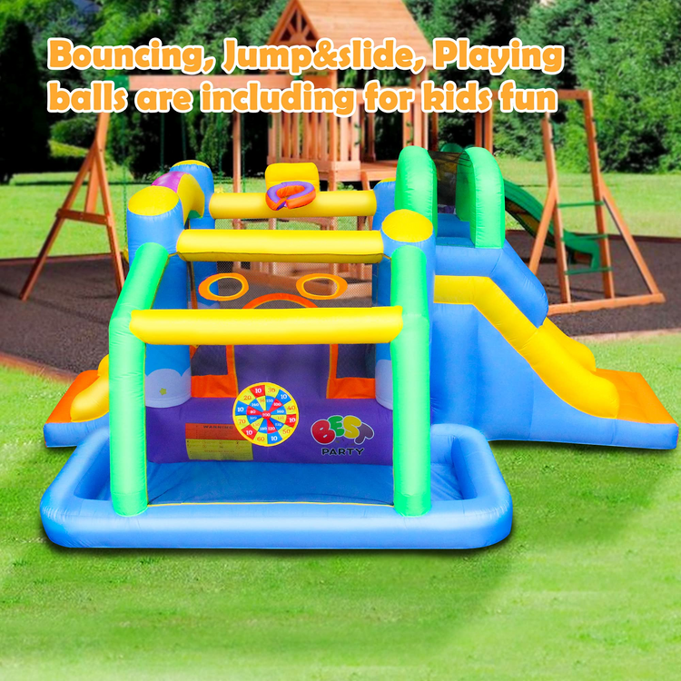 BESTPARTY 7 in 1 Inflatable Rainbow Clouds Bounce House Jumping Bouncer, Toddler & Large Slide for Kids Play Jumper with Blower