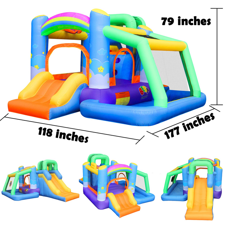 BESTPARTY 7 in 1 Inflatable Rainbow Clouds Bounce House Jumping Bouncer, Toddler & Large Slide for Kids Play Jumper with Blower