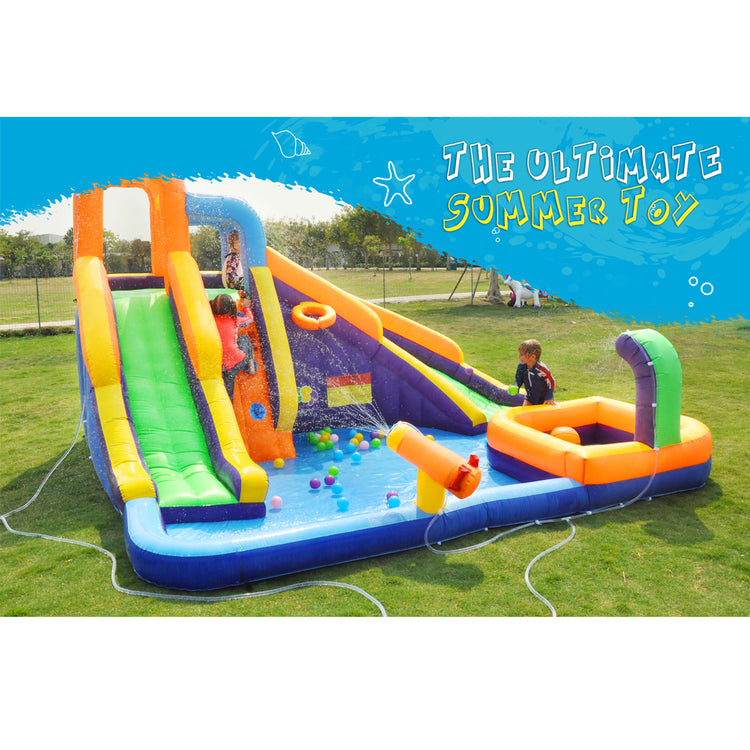 BESTPARTY Inflatable Water Slide, Mini Pool Included Water Park with Blower.